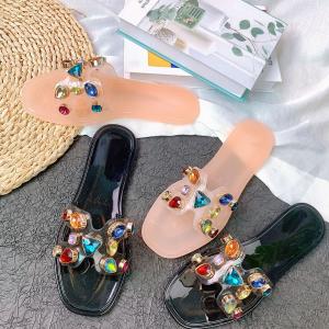 Yesteem Rhinestone Crystal PVC Ladies Outdoor Footwear Transparent Jelly Shoes Slippers Flat Flowers Womens Pvc Slippers Beach Sandals